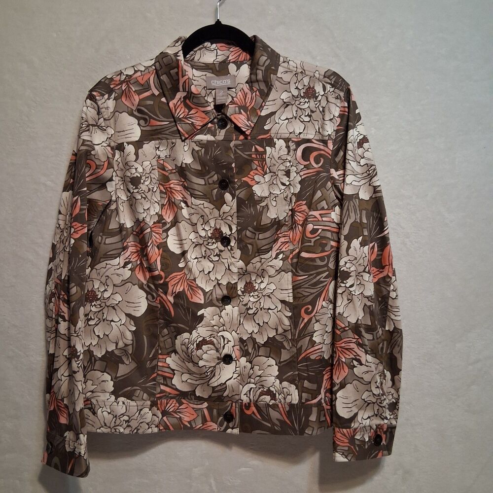 Chicos 2 (L) Jacket Gray Brown Pink Floral Lightweight Button Front Autumn  Boho